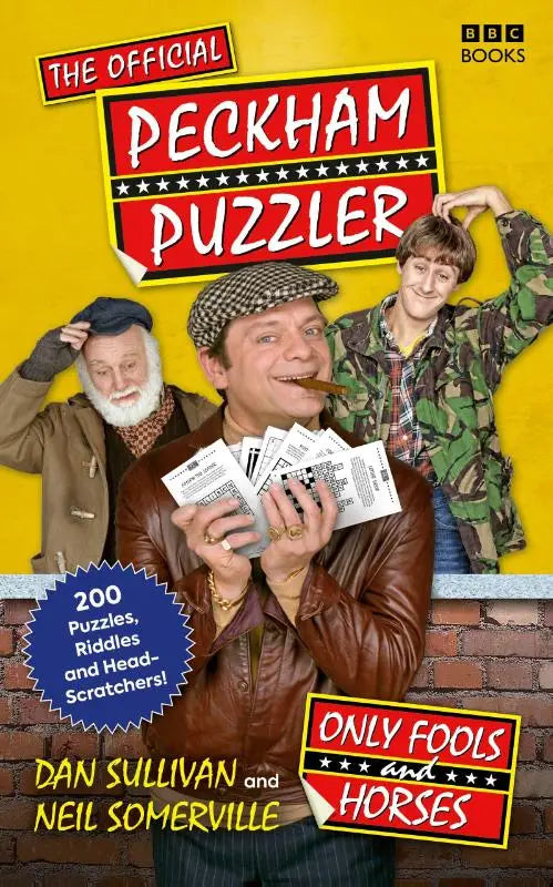 The official only fools and horses the peckham puzzler book with bright yellow cover and vintage characters on brick wall