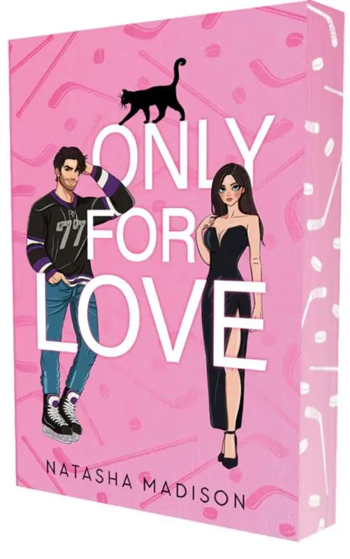 Roze boekcover met cartoonillustraties van man en vrouw en een zwarte kat voor sport romance only for tonight van natasha madison