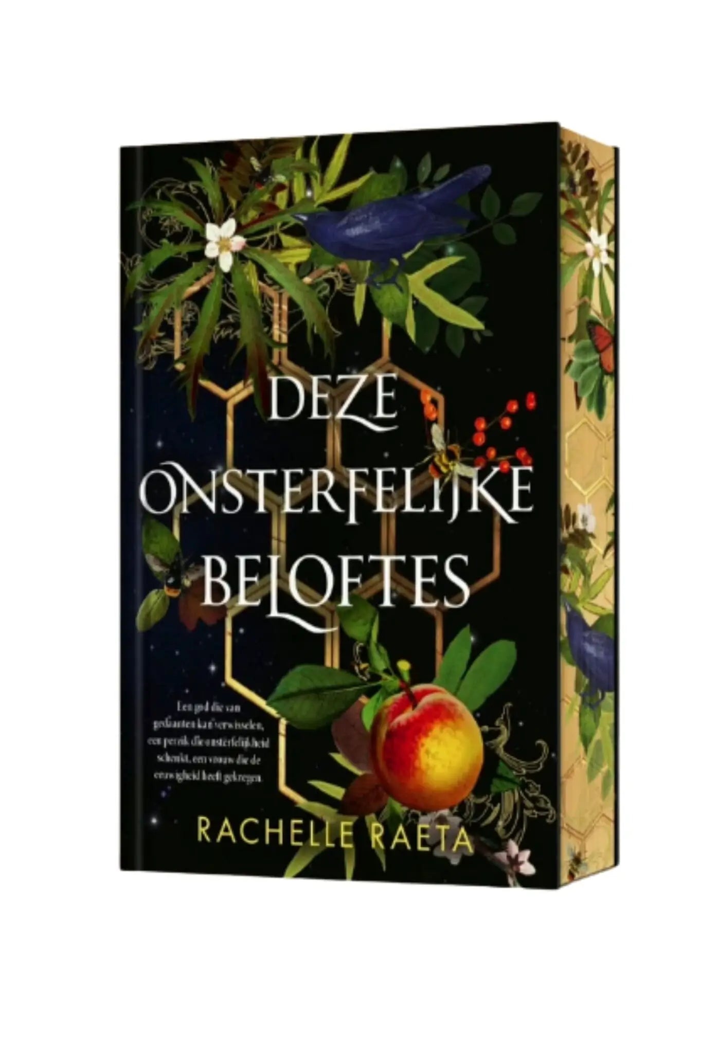 Zwarte hardcover van het romantische fantasyboek deze onsterfelijke beloftes van rachelle raeta met goudfolie en kleurrijke vogelillustratie