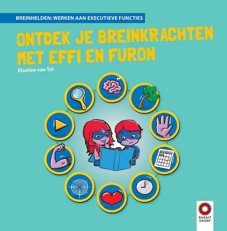 Brightly colored kinderboek cover met twee cartoon superhelden die een blauw boek lezen voor jonge lezers