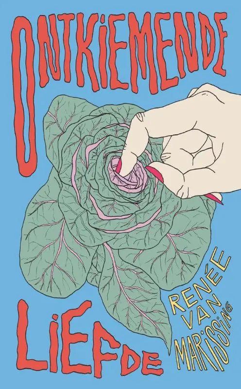 Een gestileerde illustratie van een groene kool met roze aderen die zacht wordt aangeraakt door een hand met rode nagellak ontkiemende liefde