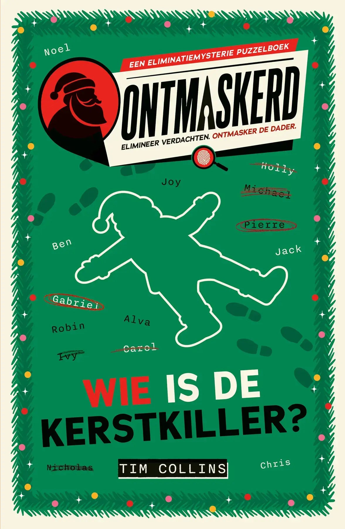 Groene puzzelboekcover met witte kerstman silhouet en namen zoals holly michael en pierre bij ontmaskerd wie is de kerstkiller