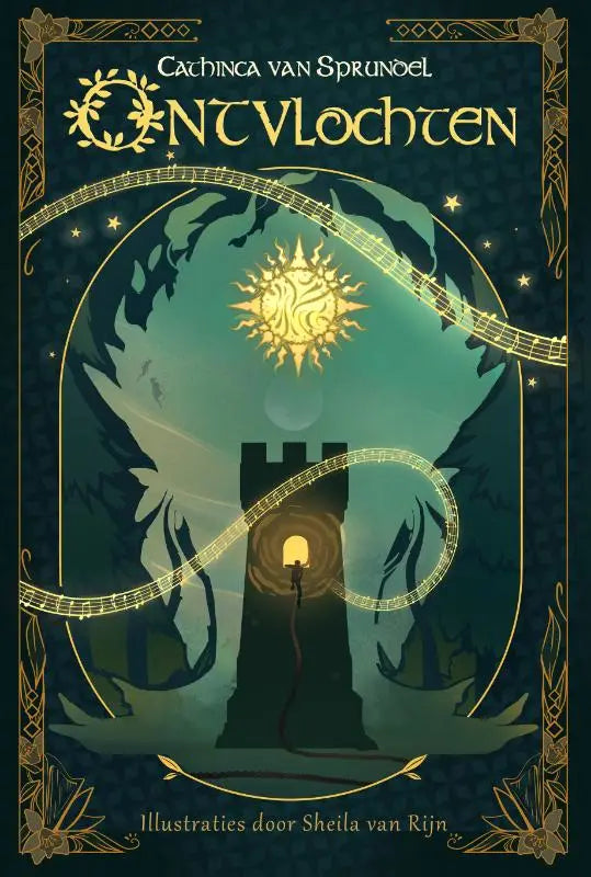 Dark teal boekomslag ontvlochten met gouden zon en muzieksleutels boven een silhouet van een toren