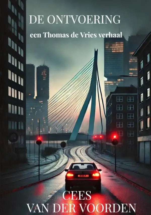 Cover van de nederlandse thriller roman de ontvoering met een blauwe kabelbaanbrug en donkere stadsskyline in een vries verhaal