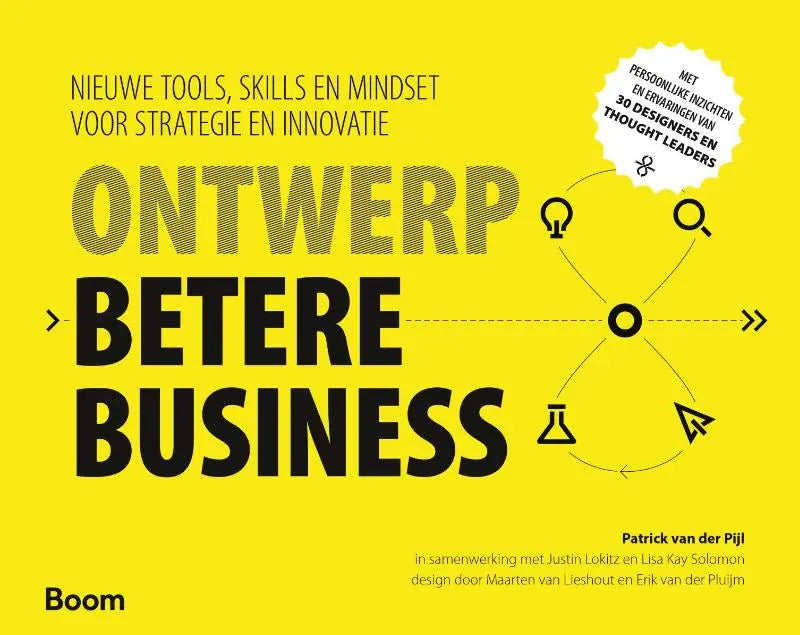 Felgeel boekomslag van ontwerp betere business met opvallende zwarte tekst en nieuwe tools voor strategie en innovatie