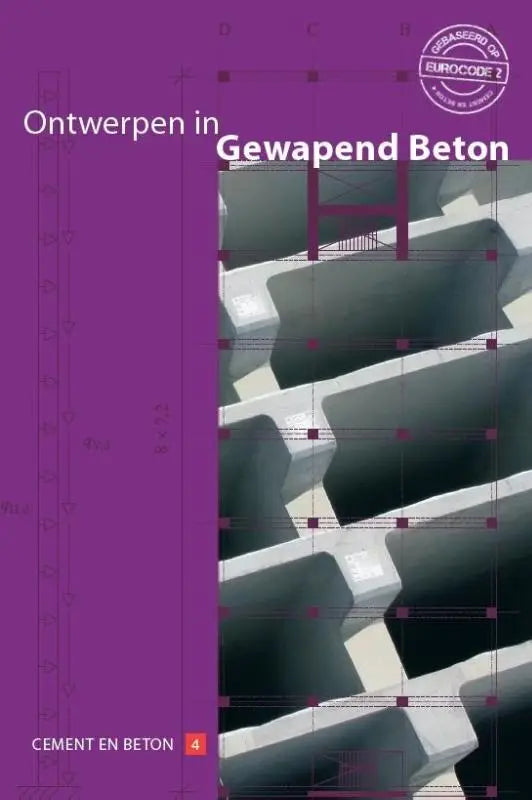 Paars boekje ontwerpen in gewapend beton met grijs architecturaal ontwerp van betonbalken en rode rasterlijnen door vrije uitgevers