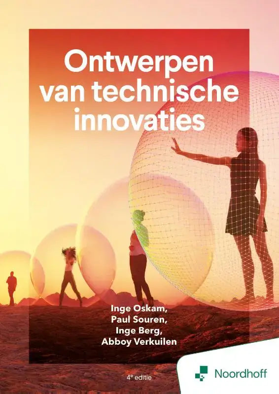 Boekcover van ontwerpen van technische innovaties 4e editie met witte titel en mensen met transparante bollen op rode achtergrond