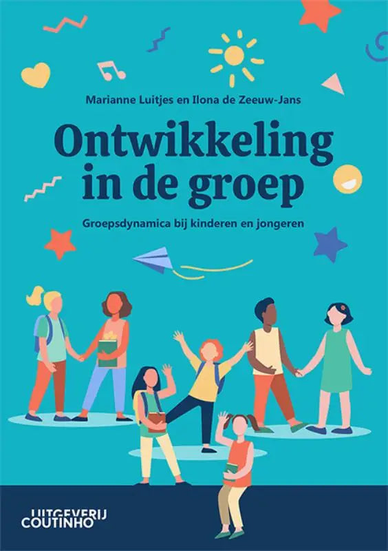 Boekcover Ontwikkeling in de groep met kleurrijke cartoonfiguren op turquoise achtergrond