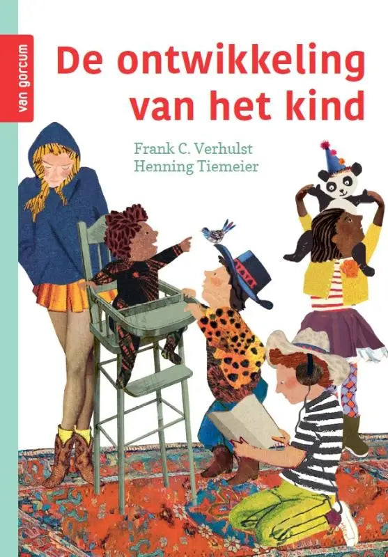 De ontwikkeling van het kind boek met levendige illustratie van kinderen en volwassenen rond een hoge stoel