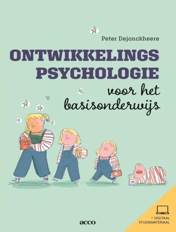 Het boek ontwikkelingspsychologie voor het basisonderwijs van peter dejonckheere met mintgroene cover en illustratie, acco uitgeverij