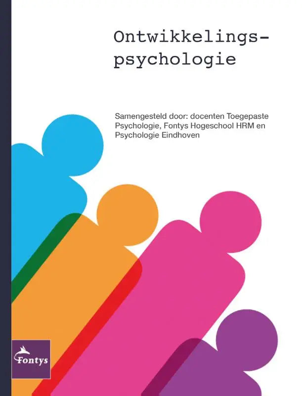 Het boek ontwikkelingspsychologie custom editie van robin hekers toont blauwe, oranje, roze en paarse menselijke figuren voor hoger onderwijs
