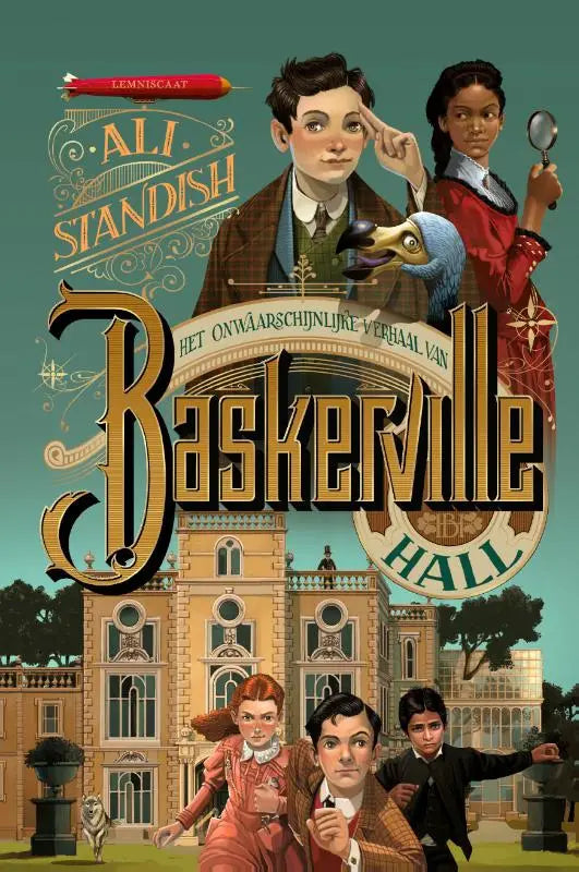 Omslag van de geïllustreerde Nederlandse editie van Het onwaarschijnlijke verhaal van Baskerville Hall door Ali Standish met gouden letters