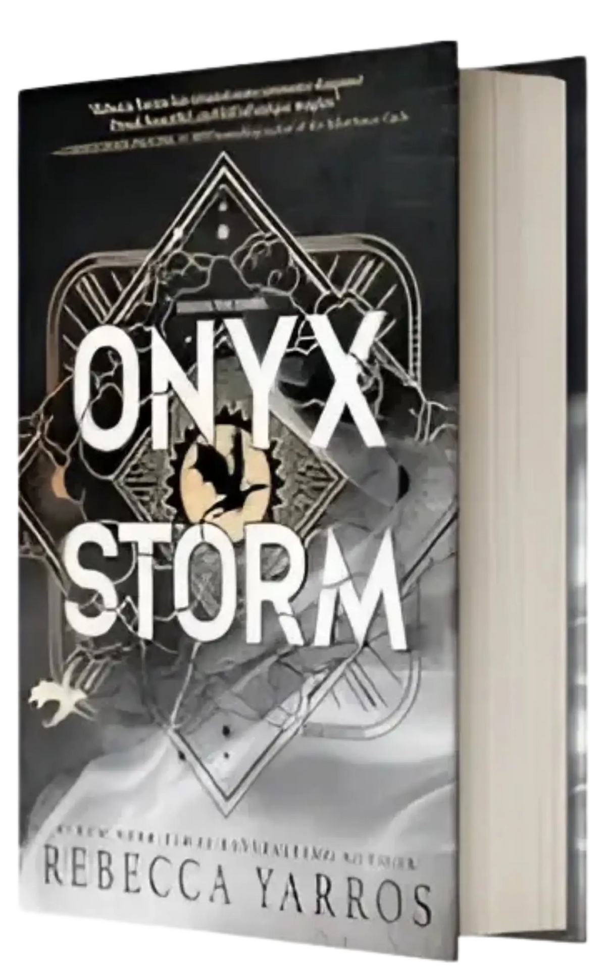 Zwart hardcover boek onyx storm van rebecca yarros met zilveren geometrisch ontwerp en opvallende titel, vierde vleugel thema