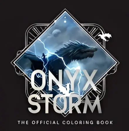 Onyx storm de officiële kleurboek met diamantvormige omslag en een ijsblauwe draak te midden van bliksem en sneeuwvlokken