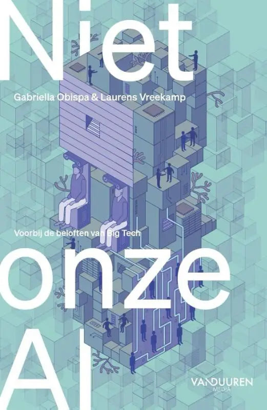 Het boek niet onze ai toont een gestileerde, isometrische illustratie van paarse en teal kubusstructuren voor kritische houding