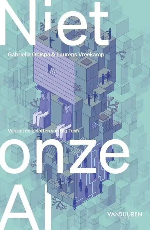 De voorkant van het boek niet onze ai met een gestileerde isometrische illustratie van paarse en turquoise kubusstructuren