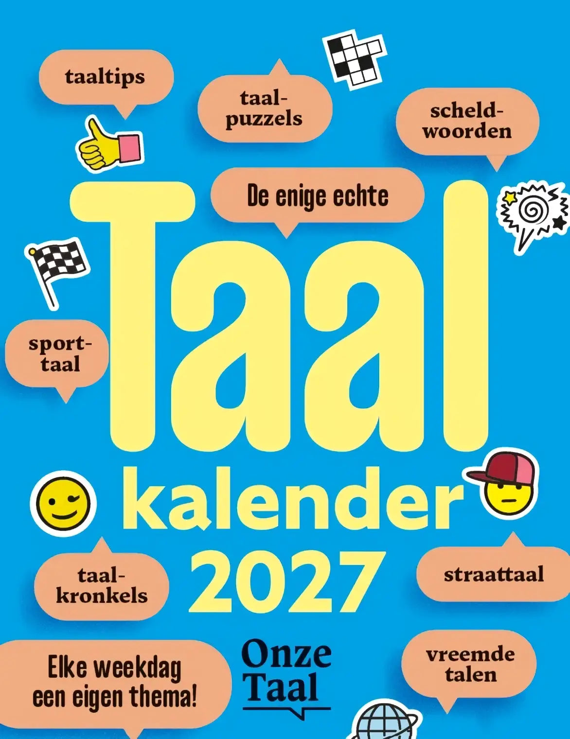 Felle gele Onze Taal taal taalkalender 2027 kalender met speelse cartooniconen en oranje tekstballonnen op blauwe achtergrond