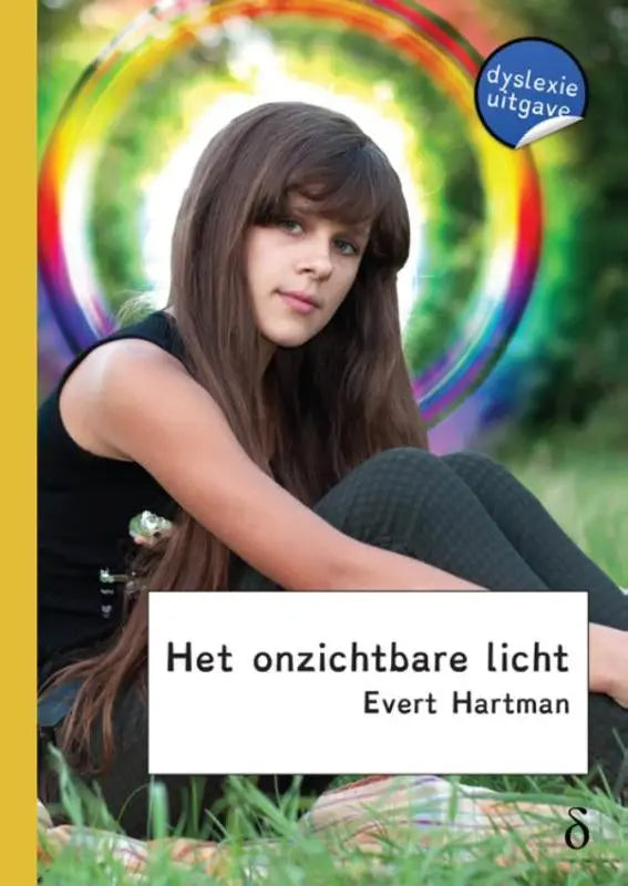 De boekcover van Het onzichtbare licht toont een jonge vrouw met lang bruin haar tegen een regenboogkleurige achtergrond
