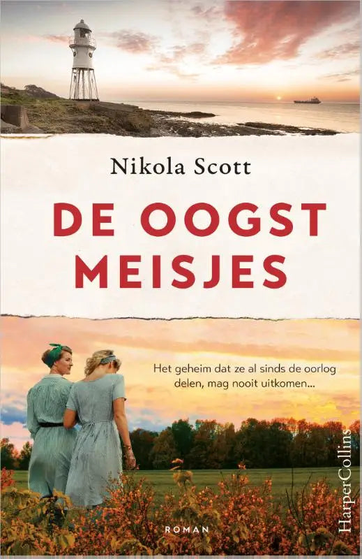De oogstmeisjes boekcover toont een witte vuurtoren op rotsachtig terrein bij een zonsondergang en thema oorlog delen nooit uitkomen