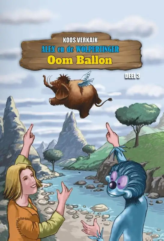 Een cartoonillustratie van een bruin gevleugeld mammoet die boven twee personages vliegt in een outdoor landschap voor de oom ballon