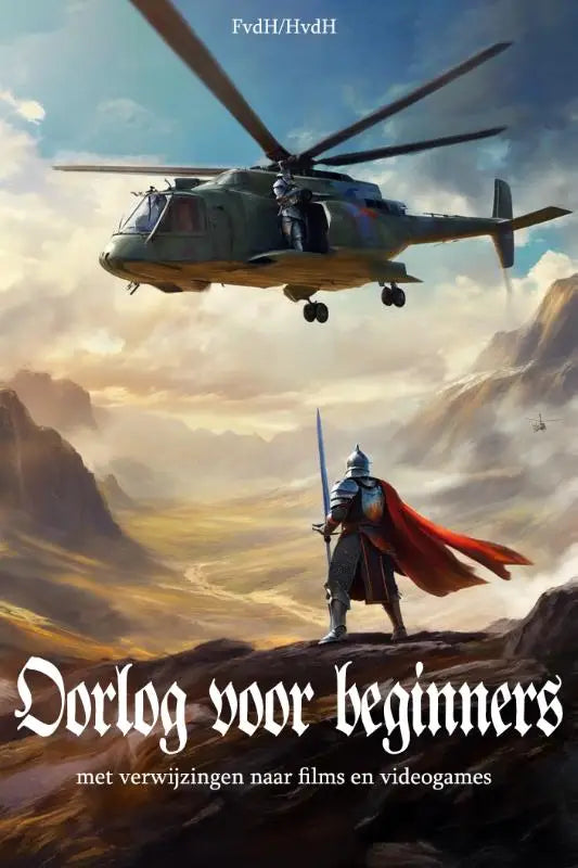 Een groen militair helikoptermodel met een bemanningslid boven een ridder met rode cape in oorlog voor beginners