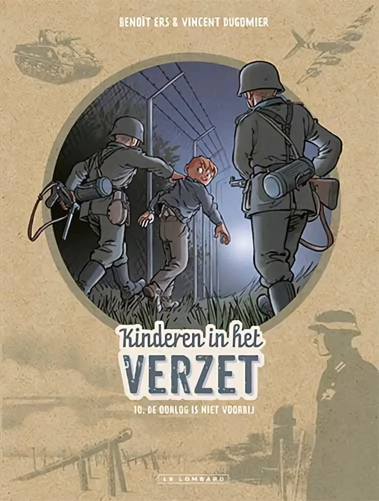 De cover van het geïllustreerde stripboek kinderen in het verzet door benoit ers en vincent dugomier met een circulaire illustratie van soldaten en kinderen tegen een sepia achtergrond