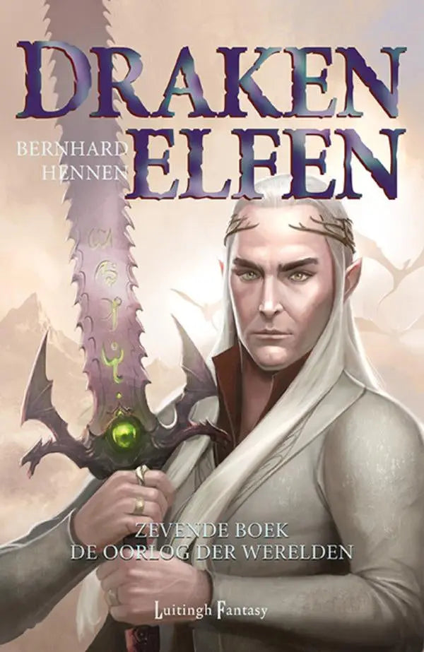 Fantasy boekcover van de oorlog der werelden met een witharige elf en een paarse zwaard met groene runen bernhard hennen luitingh sijthoff fantasy