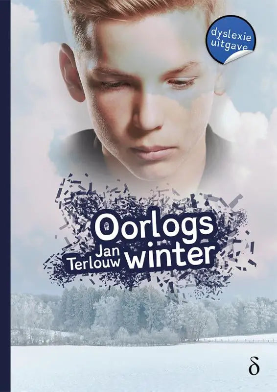 Boekcover van oorlogswinter met jonge man met lichtbruin haar tegen een besneeuwd landschap achtergrond