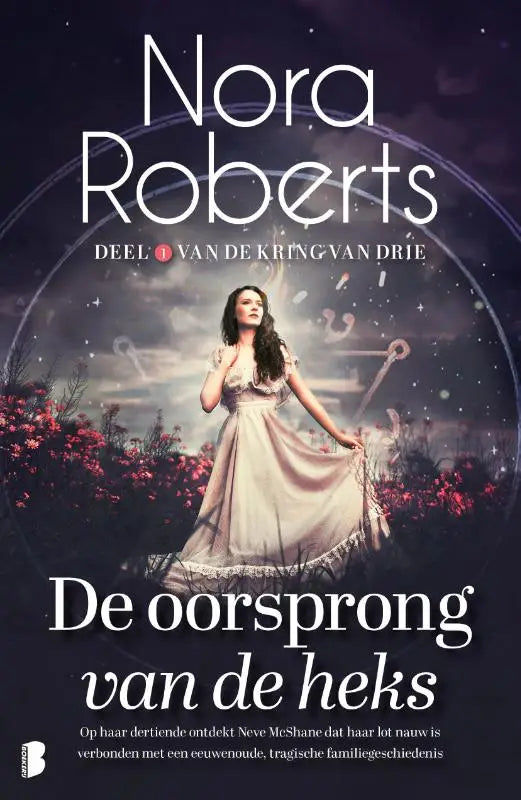Vrouw in een lichtroze kanten jurk staat tussen rode bloemen onder sterrenhemel dertiende ontdekt neve mcshane