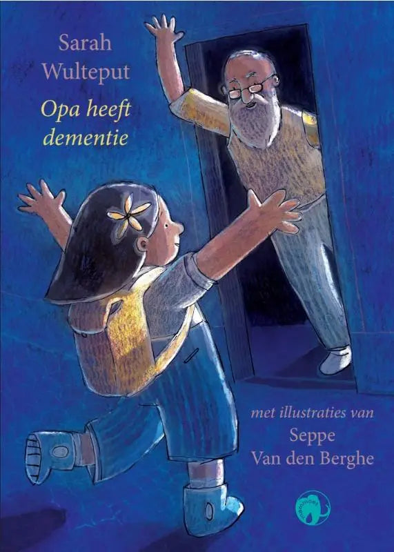 Blauw geïllustreerd kinderboek voor jonge lezers over meisje met bloem en opa met dementie in deurpost
