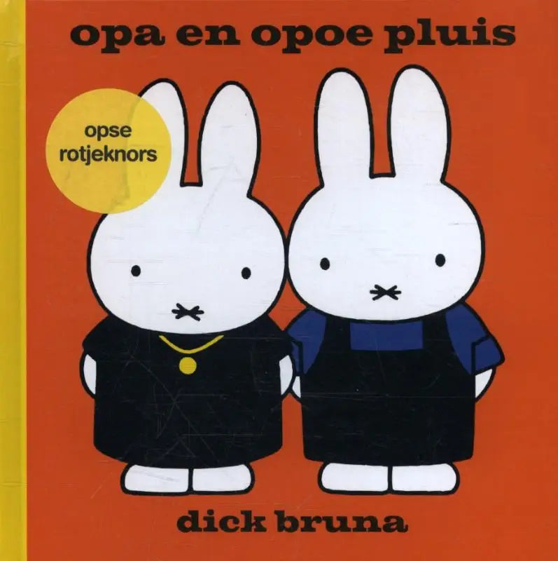 Wit cartoon konijn personages in zwarte outfits met blauwe kragen en een gouden ketting uit opoe pluis opse pluis opse rotjeknors