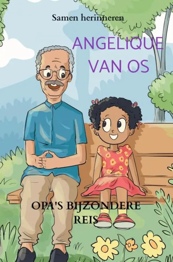 Illustratie van het kinderboek opa’s bijzondere reis samen herinneren met een glimlachende opa en meisje op een bankje