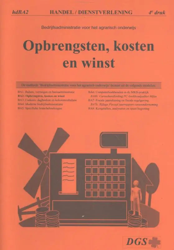 Oranje leerboek opbrengsten kosten en winst met zwarte lijnillustratie van landbouwkassasysteem, windmolen en munten