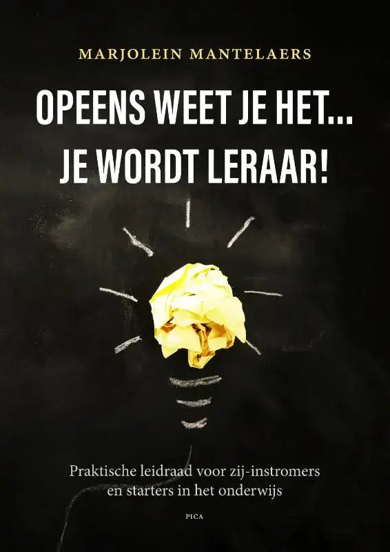 Een gele verfrommelde papieren bal getekend als een gloeilamp op een zwarte schoolbord achtergrond voor marjolein mantelaers praktische handvatten