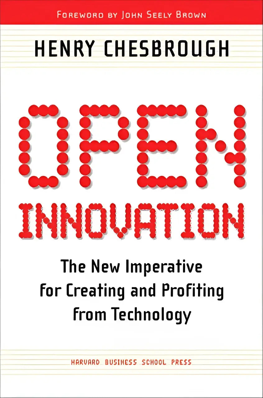 Boekomslag open innovation met rode pixelachtige tekst en zwarte ondertitel over research and the new imperative