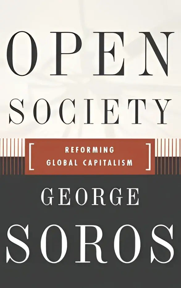 Boekomslag van open society met titel in zwarte schreefletter, rode banner en auteur george soros in wit op grijze achtergrond