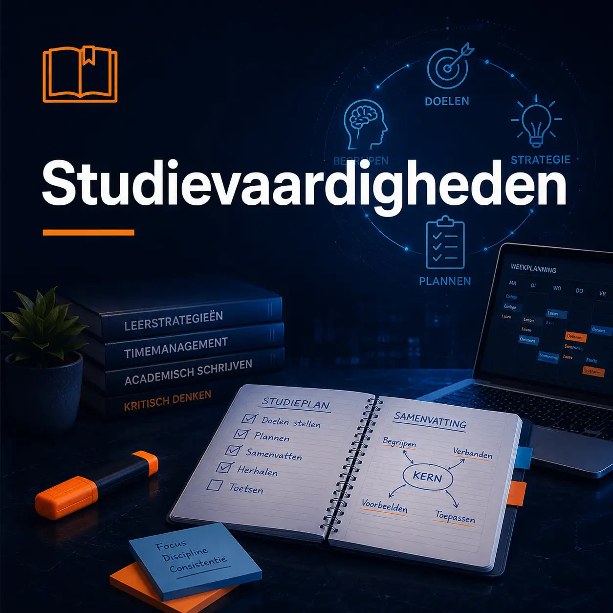 Open spiraalgebonden schrift met een handgeschreven studieplanning en samenvattingsdiagram op de pagina's.