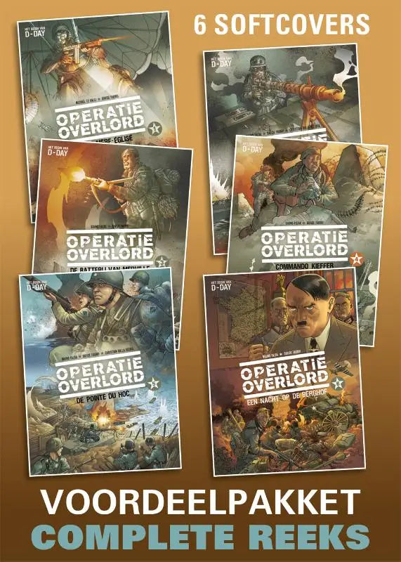 Zes softcover stripboeken met gedetailleerde oorlogscènes uit operatie overlord pakket 1 tm 6