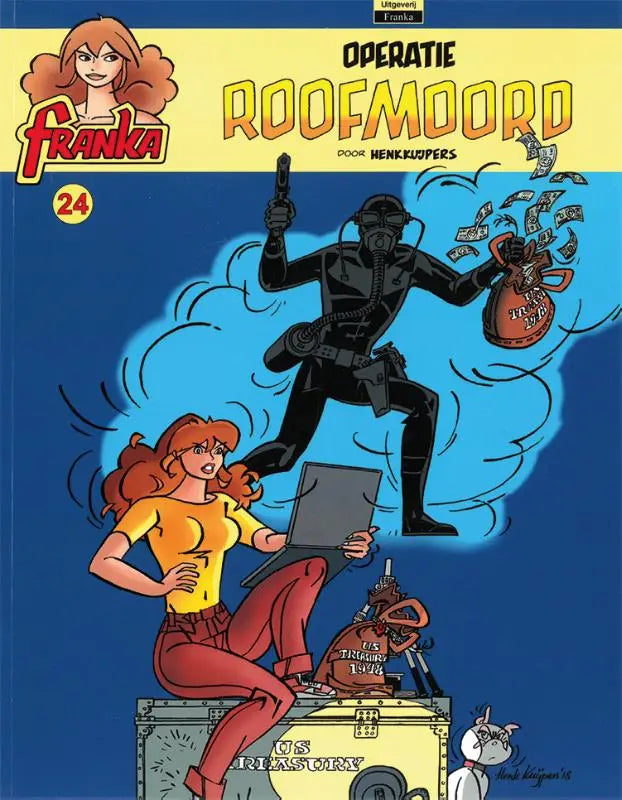 De cover van de stripboek operatie roofmoord toont een zwartgeklede figuur met tactische uitrusting boven een vrouw met rood haar op een us treasury kist