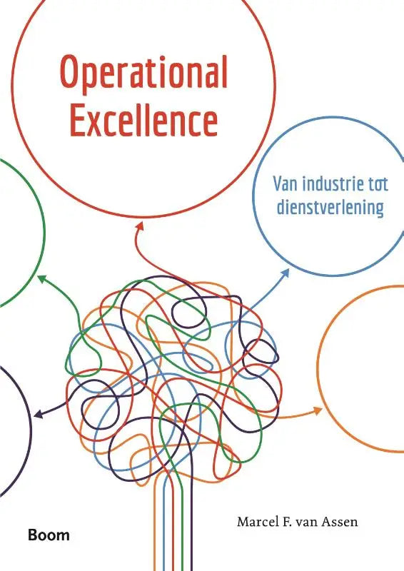 De boekcover van operational excellence toont rode tekst en een kleurrijke hersenillustratie met verbonden cirkels