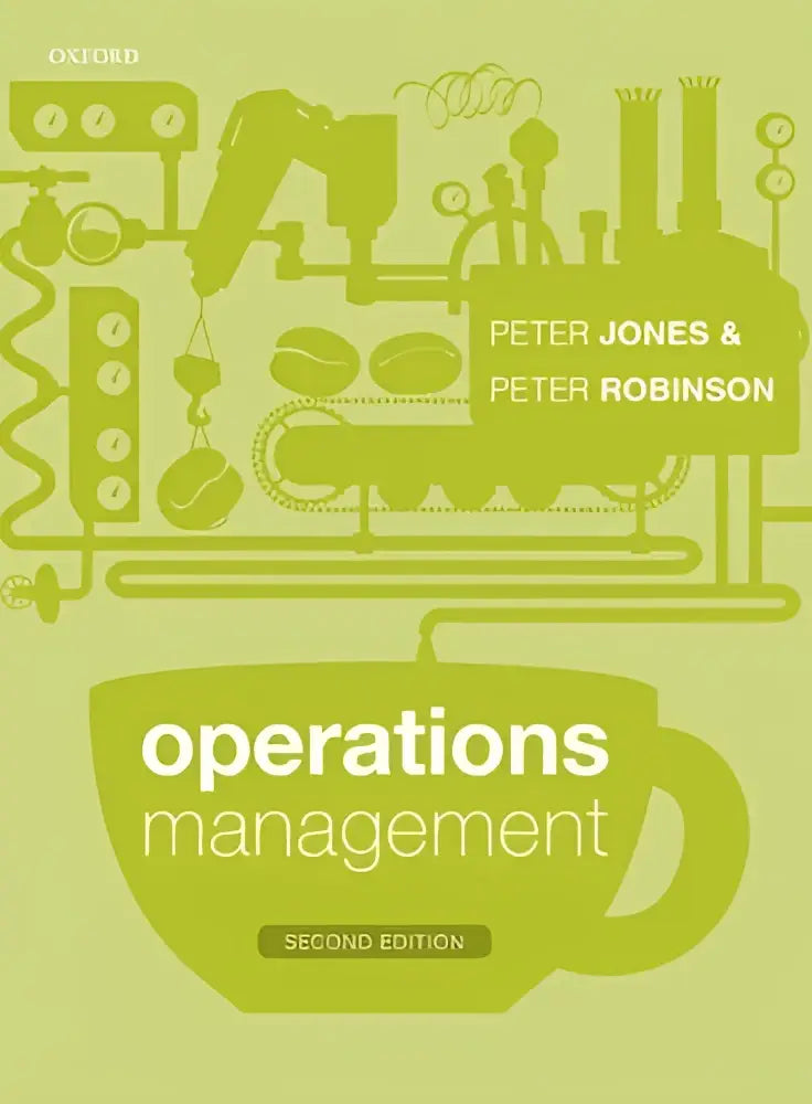 Groen boek over operations management met gestileerde illustratie van industriële machines door peter jones emeritus professor