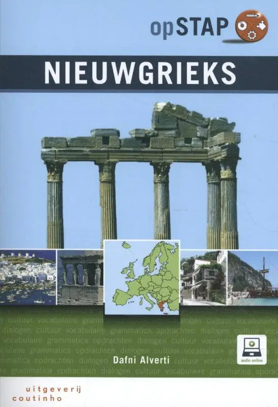 Blauwe en zwarte Opstap Nieuwgrieks-boekcover met ruïnes en Griekenlandkaart