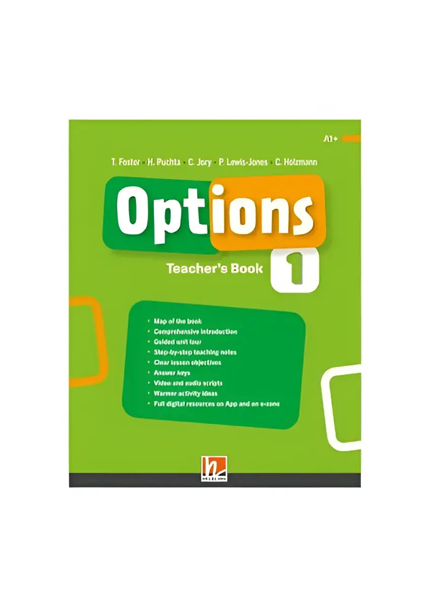 Groene Options 1 Teacher’s Book met oranje-witte inhoudsopgave op cover