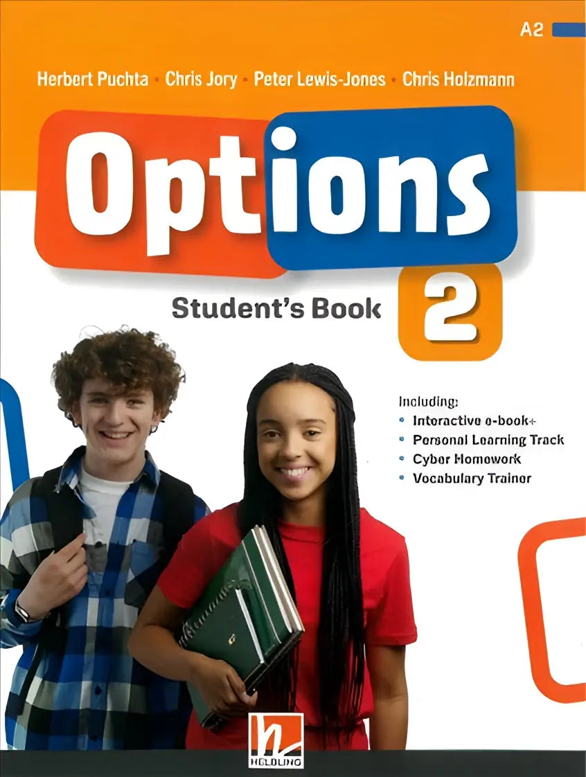 Omslag Options 2 Student’s Book Houghton Mifflin Harcourt met twee lachende studenten