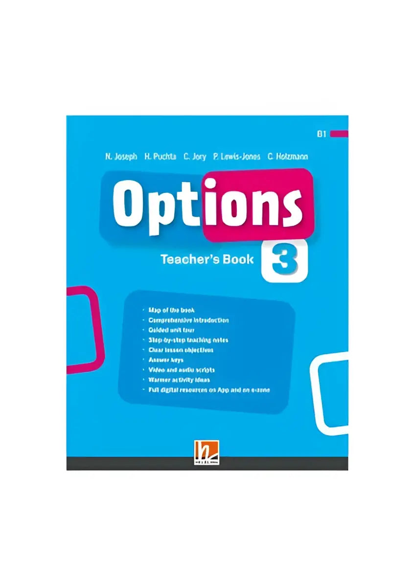 Blauwe Options 3 Teacher’s Book met roze en witte geometrische accenten op cover