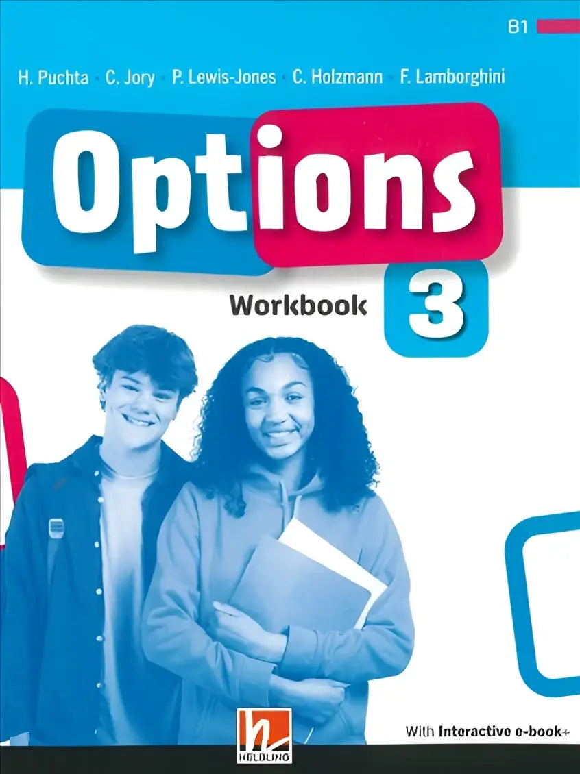 Opties 3-werkboek blauw-wit met twee lachende studenten op cover