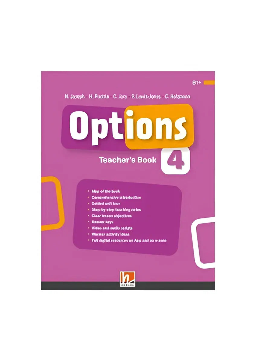Achterkant Options 4 docentenboek paars met gele witte titel auteursnamen