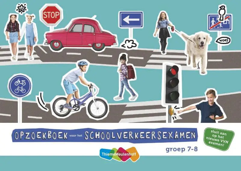 Cover van opzoekboek voor het schoolverkeersexamen met rode vintage auto illustratie voor binnen basisschool uitgave zwijsen