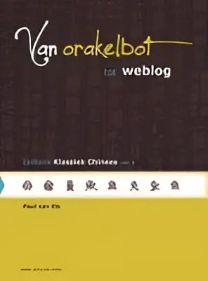 Logo van orakelbot voor weblog op donkere getextureerde achtergrond met gele en witte tekst voor lesboek klassiek chinees deel 1