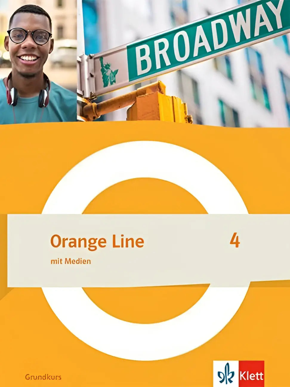 Orange line 4 grundkurs schulbuch fester einband klasse 8 met witte cirkelvormige logo en mit medien tekst